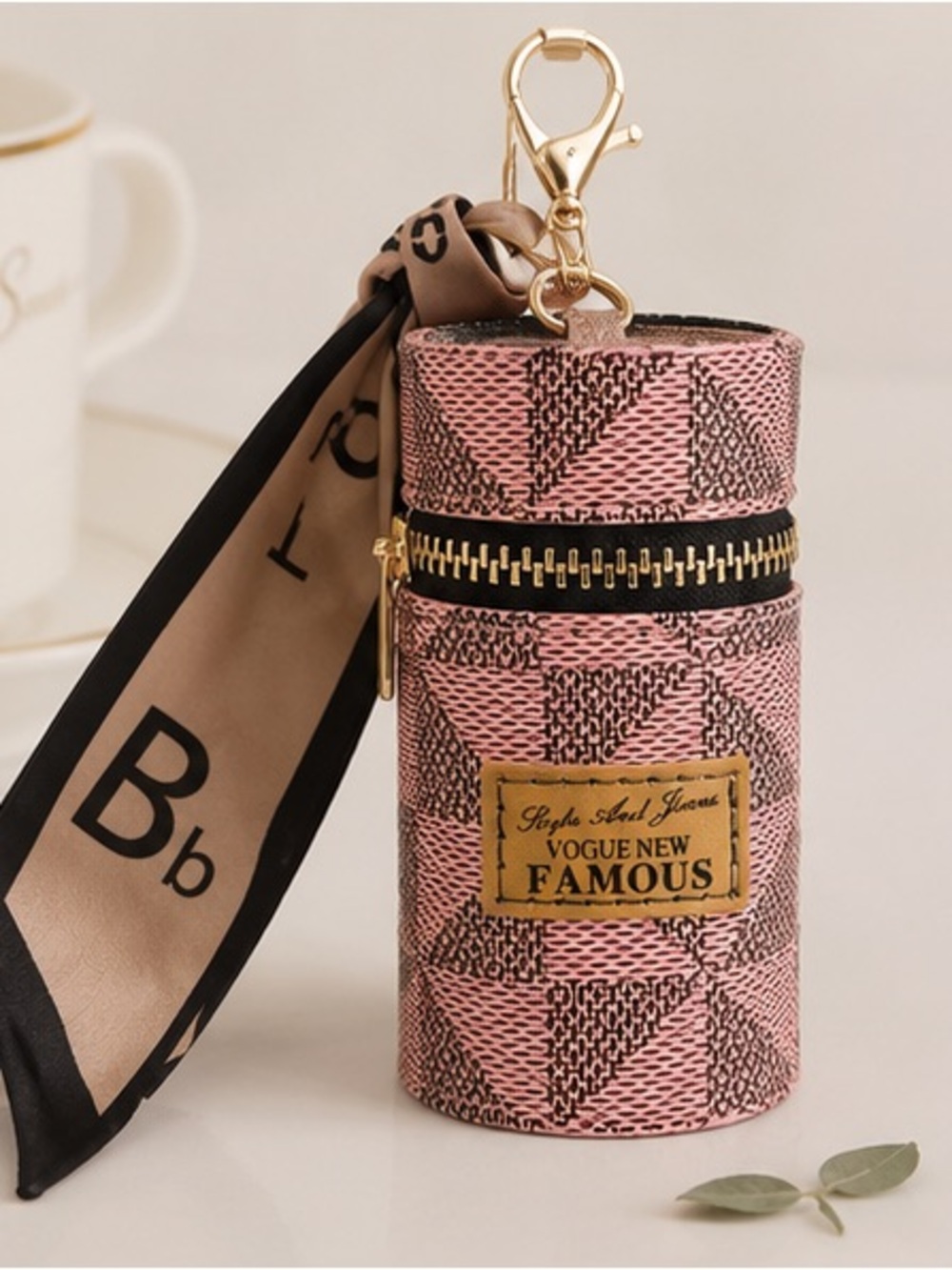Pink Designer-Inspired Cylinder Keychain Charm with Scarf